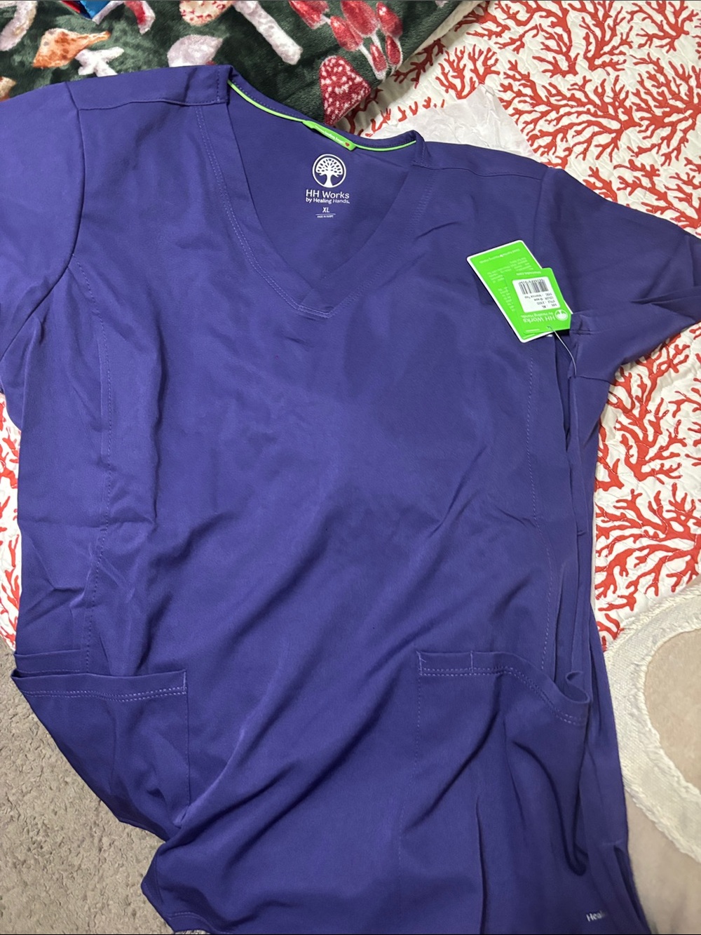 healing hands Purple V-Neck Scrub Top with Lime Trim